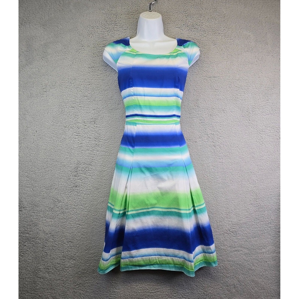 Alex Marie Dress Women's Size 2 Blue Green Striped Fit and Flare Pleated‎ Beach